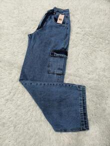 Women's High-Waisted Wide-Leg Cargo Jeans With Graphite Print. - Medium Wash - View 1