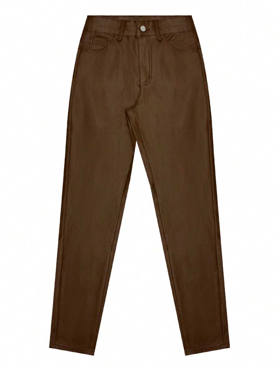 女士高腰弹力修身涂层仿PU皮革裤，百搭性感棕色皮革裤 - 棕色 - 查看 1