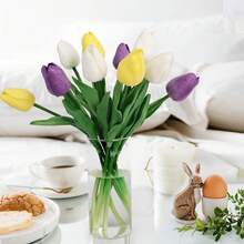 Artificial Tulips Flowers In Vase - 10pcs Fake Tulips With Vase - Multicolor Real Touch Tulip Faux Latex Flower For Easter Spring Wedding Bouquet Centerpiece Floral Arrangement Cemetery Table Decor,White - trắng - Xem 5