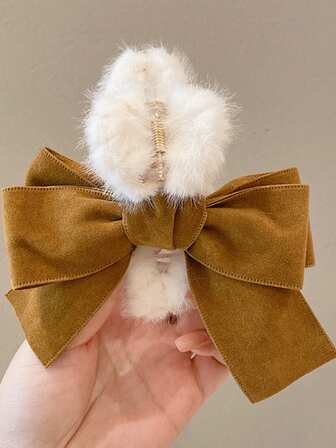 1pc Fluffy Bowknot Claw Clips, Brown Hair Clips, Sweet & Gentle, Bun Hairstyle, Hair Claw, Women Hair Accessories, Elegant Lady Style, Maillard Color Clips, Suitable For Daily, Casual, Street, Commute, Versatile Plush Hair Clutch