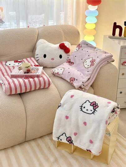 Sanrio 1pc Hello Kitty Cute Cartoon Plush Double-Sided Thick Blanket, Student Nap Throw, Suitable For Autumn/Winter