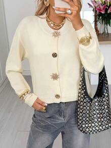 Live To Mo Winter For Women Christmas Beige Knit Cardigan Sweater - Fashionable Casual Style With Gold Buttons, Thanksgiving For Women Going Out Tops
