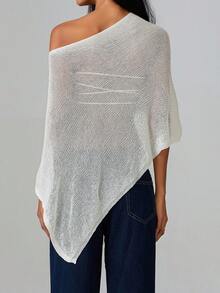 Women Sheer Poncho Top Lightweight Knit Crochet Shrug Bolero Mesh Batwing Sleeve Sweater Cover Up Beachwear - 白色 - 查看 3