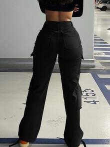 Solid Flap Pocket Cargo Pants, Ladies Button, Pocket, Zipper Natural Straight Leg Long Black Regular Fit Women Jeans, Spring/Fall, Casual Daily Wear - Black - View 2