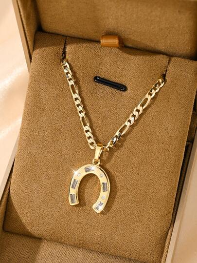 1pc Fashionable Copper Inlaid Zirconia Small Horseshoe Pendant Necklace, Suitable For Christmas/Thanksgiving/Halloween/Mother's Day/Valentine's Day Couples/Friends/Godparents Gifts, Catholic First Communion, Everyday & Holiday Wear