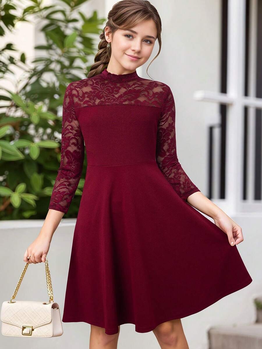 Tween Girls' Elegant Lace Patchwork Seven-Point Sleeve Party Dress - Burgundy - View 1