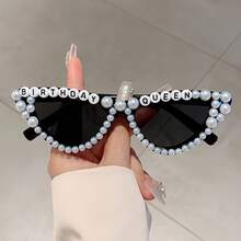 1 Pair Women's New Full Frame Cat Eye Style Glasses Fashion 'Birthday Queen' Letter Frame Retro White Glasses Artificial Pearl Decoration Multi-Color Unique Glasses Suitable For Birthday Party - 黑灰色 - 查看 13