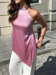 HUACAITA Vacation C-Position Satin Halter Backless Tie Bow Asymmetrical Hem Sweet & Spicy Cropped Top, Pink Purple - Pink Purple - View 3