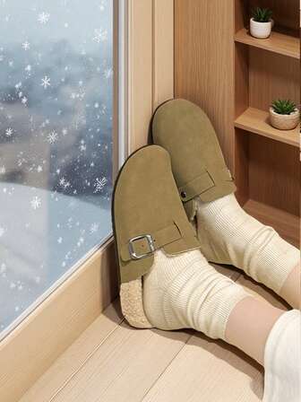 Women's Flat Shoes, New Birkenstocks Style Fuzzy Lined Mule Loafers, Adjustable Buckle Clogs, Cute & Stylish For Autumn/Winter, Lightweight & Comfortable, Suitable For Outdoor, Vacation, Walking, Flats, Mules, Khaki Women Shoes, Thanksgiving/Halloween Gift