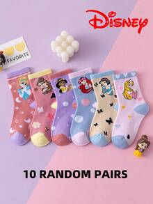 Disney 10/5 Pairs Princess Series Socks, Cute Princess , Mermaid Princess Mid-Calf Socks For Girls, Korean Cartoon Breathable Winter Socks For Boys And Toddlers - Multicolor - View 16