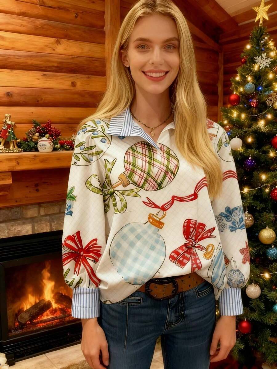 Women's Fashionable Christmas Themed Printed Shirt Features A Unique Striped Ruffled Collar, Bubble Sleeves, And Cute Holiday Decoration Patterns. Perfect For Adding Festive Charm To Your Wardrobe, Suitable For Christmas Gatherings, And Also A Fashionable Choice Outside Of Holidays. A Must-Have Fashion Item For Women. Lightweight Shirt, Suitable For Holiday Gifts And Winter Wear, 100% Polyester Fiber - 花色 - 查看 1
