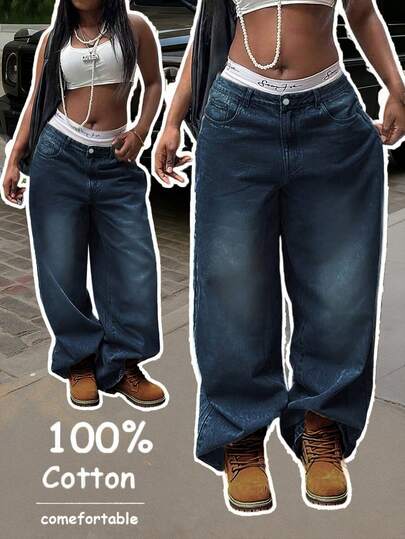 Women's Autumn Y2K Washed Vintage Wide Leg Jeans, Casual Street Style