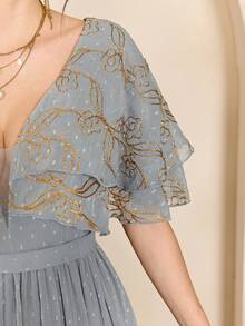 Mgiacy-Pop,New Arrival,Madam, V-Neck, Shawl Sleeves, Embroidered, Large Hem, Long Dress - Grey - View 3