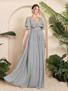 Mgiacy-Pop,New Arrival,Madam, V-Neck, Shawl Sleeves, Embroidered, Large Hem, Long Dress - Grey - View 4