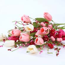 6束情人节鲜花，17英寸情人节郁金香浆果花束，情人节婚礼派对餐桌中心装饰 - 粉紅白紅 - 查看 4