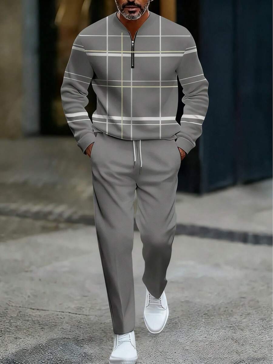 Men's 2-Piece Lightweight Business Casual Sportswear | Light Blue Checkered Top With Half Zipper | Contrasting White And Yellow Checkered Patterns+Matching Pants | Suitable For Urban Commuting, Office Leisure, And Polished Comfort - 灰色 - 查看 1