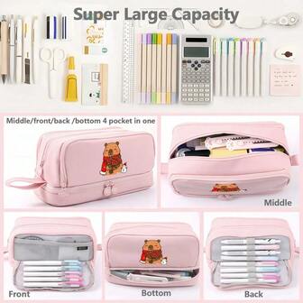 Estuche para lápices y bolsa de maquillaje de Capybara - Diseño lindo de cara de Capybara con orejas de Capybara, tela suave para almacenamiento de viaje para mujeres, organizador de papelería rosa pastel con cierre de cremallera, soporte de accesorios lúdico de gran capacidad y multicapa, perfecto para regalos de vuelta al colegio y Navidad