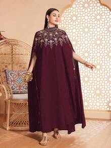 Women's Loose Casual Daily Wear Arabic Abaya, Small Stand Collar, Contrast Trim Detail, Embroidered Decor, Suitable For Various Occasions - Festivals, Casual, Daily, Soft & Skin-Friendly Spring - Burgundy - View 6