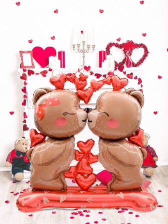 1pc Large Standing Valentine's Day Kissing Teddy Bear Balloon, Includes 2 Standing Teddy Bear Balloons, Suitable For Romantic Valentine's Day Party Decor, Wedding Decor, Anniversary, Bridal Shower, Photo Prop For Valentine's Day Party Ambiance