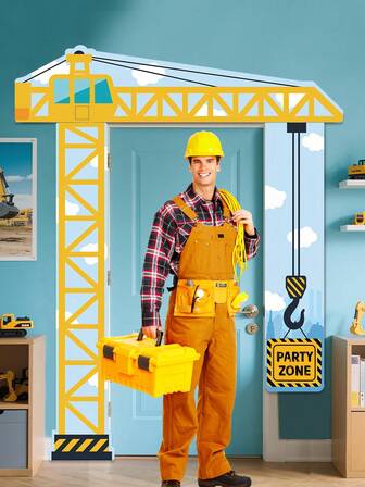 3件套建筑主题派对起重机装饰套装，施工中悬挂式门廊标志横幅，建筑主题横幅，建筑主题生日派对装饰用品