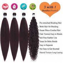 Dark Red Braiding Hair Pre Stretched With Boho Curls Hypoallergenic Knotless Weave Braids 26 Inch Deep Ocean Wave Crochet Hair Curly Wavy Braiding Hair For Boho Braids Synthetic Extensions 4 Packs,99jBohoBraidingHair4Packs - 99jBohoBraidingHair4Packs - 查看 5