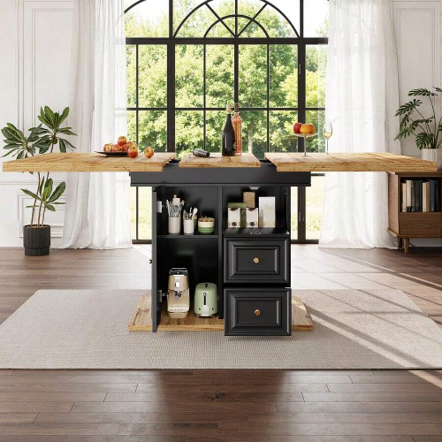 Extendable Dining Table, 110 X 80 X 75 Cm. Suitable For Dining Rooms, Kitchens Or Patios. Extendable Wooden Dining Table With A Length Of Up To 140 Cm. Seats Up To Six People. Tabletop With H - Black - View 1