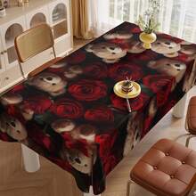 1PC Red Rose & Teddy Bear Valentine's Day Tablecloth, Valentine's Day Gifts, Valentine's Day Parties, Valentine's Day Decorations,Romantic Style Polyester Rectangular Tablecloth With Plush Bear & Rose Details, Decorative For Home Living Room Dining Table & Cafe Romantic Corner, Perfect For Valentine's Day Celebration & Love-Themed Dinner Decor