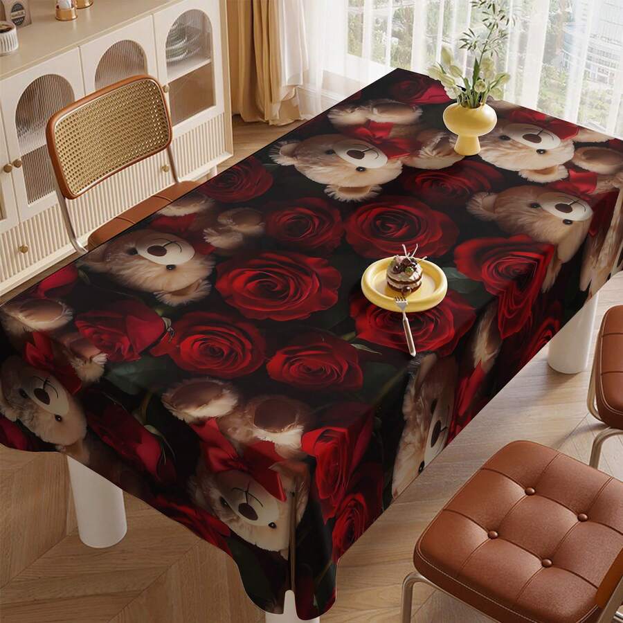 1PC Red Rose & Teddy Bear Valentine's Day Tablecloth, Valentine's Day Gifts, Valentine's Day Parties, Valentine's Day Decorations,Romantic Style Polyester Rectangular Tablecloth With Plush Bear & Rose Details, Decorative For Home Living Room Dining Table & Cafe Romantic Corner, Perfect For Valentine's Day Celebration & Love-Themed Dinner Decor
