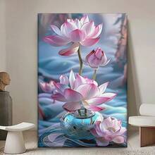 2D Flat, 1pc Wooden Framed Canvas Wall Art, Classic Pink For Lotus Flower Canvas Art Print, Portrait Orientation Poster For Living Room, Library, Office, Cafe, Bar Indoor Summer Wall Decor, Ideal For Birthday, Holiday, Valentine's Day Gifts, Cafe Decoration | Abstract Floral Art | Detailed For Lotus Depiction, Zen Home Decor Ready To Hang 16*24 Inches/ 40*60cm - 白色 - 查看 2