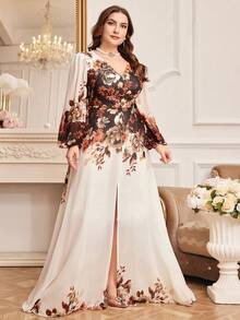 Đầm chiffon Ả Rập cỡ lớn với cổ chữ V, tay dài kiểu giám mục và họa tiết hoa thanh lịch ở gấu váy xòe, kiểu áo kaftan Ma-rốc mùa xuân. - Nhiều màu - Xem 6