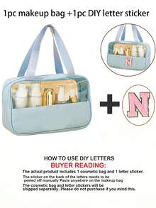 1PC Transparent PVC Toiletry Bag For Makeup Tools Letters Makeup Bag Water-Proof Portable Chenille Letter Zipper Make Up Organizer Minimalist Initial Letter Patch Travel Toiletry Bag For Women For - Baby Blue - View 13