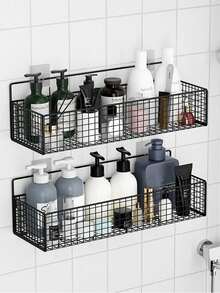 Wall Mounted Bathroom Storage Rack, Hole-Free Bathroom Shelf, Shower Caddy, Bathroom Decor & Accessories, Practical Storage Rack, Over Toilet Bathroom Organizer, Wall Mounted Bathroom Shelf With Towel Bar, Bedroom Decor Kitchen Corner Storage Rack, Dark Grey