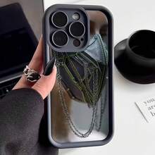 Cubierta de teléfono con espejo negro diseño de bolso con cadena y costuras verdes para uso diario y estilo urbano - Café integral - Ver 3