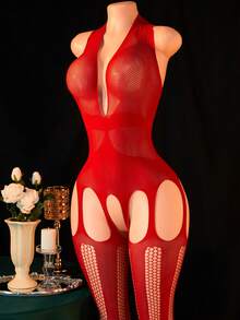 1pc Women's Sexy Lingerie Fishnet Bodystocking,Halter Sleeveless Deep V Crotchless Bodysuit,Hollow See-Throug,Hot Girl Outfit,Bikini Cover-Up,Sexy Party Role Play Costume Valentine's Day - Red - View 3
