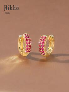 Hihho 1 Pair Classic Retro Minimalist Double Row Colorful Cubic Zirconia Micro-Inlaid Round Hoop Earrings For Women, Delicate & Fashionable, Versatile For Daily Wear - Yellow Gold - View 13