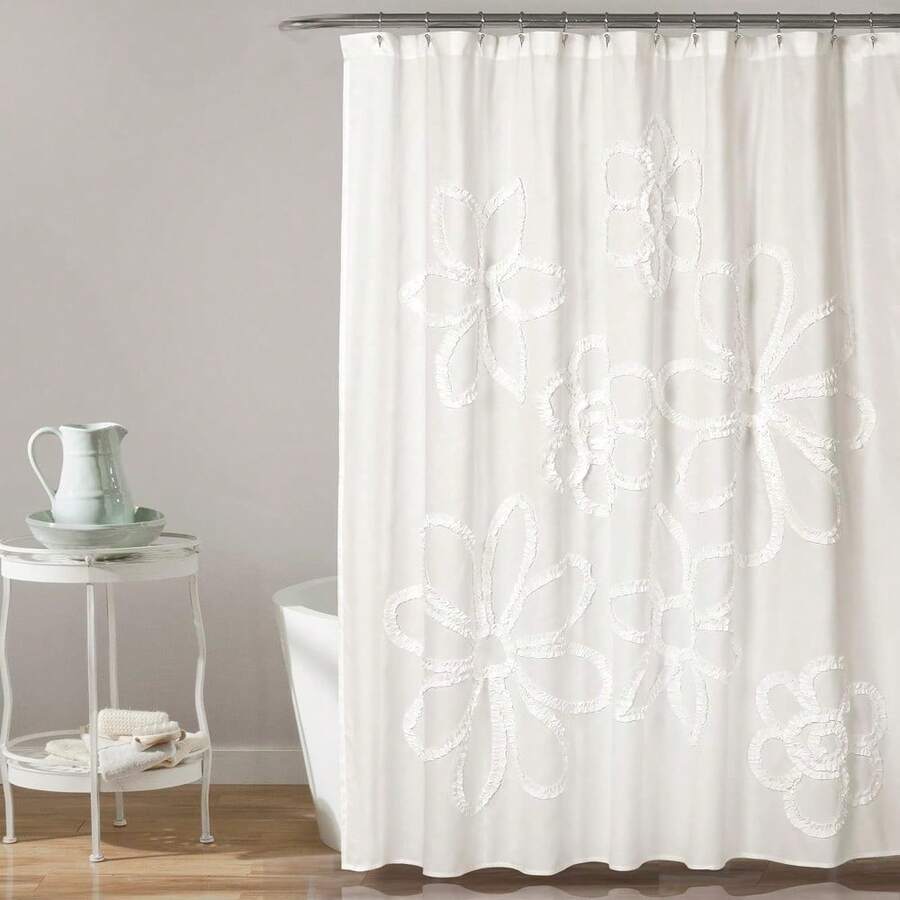 White Ruffle Flower Shower Curtain 72x72 Inch Textured Floral Design With 12 Grommets Soft Microfiber Fabric - 白色 - 查看 1