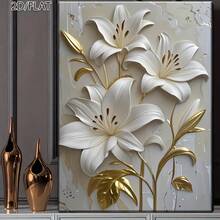2D Flat, 1pc Wooden Framed Canvas Wall Art, Printed White And Golden Lily Canvas Art With Realistic Embossed Effect - Elegant Floral Wall Decor For Home, Bedroom, Living Room, Office, And Dining Area, Indoor/Outdoor Use, Modern Classic Style, Perfect Gift With Wood Frame, Flower Decor Ready To Hang 16*24 Inches/ 40*60cm - trắng - Xem 5