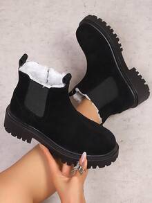 Botas de Tornozelo de Plataforma Versáteis Femininas, Bico Redondo, Estilo Ocidental, Forro Térmico, Zíper Lateral, Quente, Adequado para Férias, Campus, Outdoor no Inverno, Botas de Pele - Preto - Visão 5