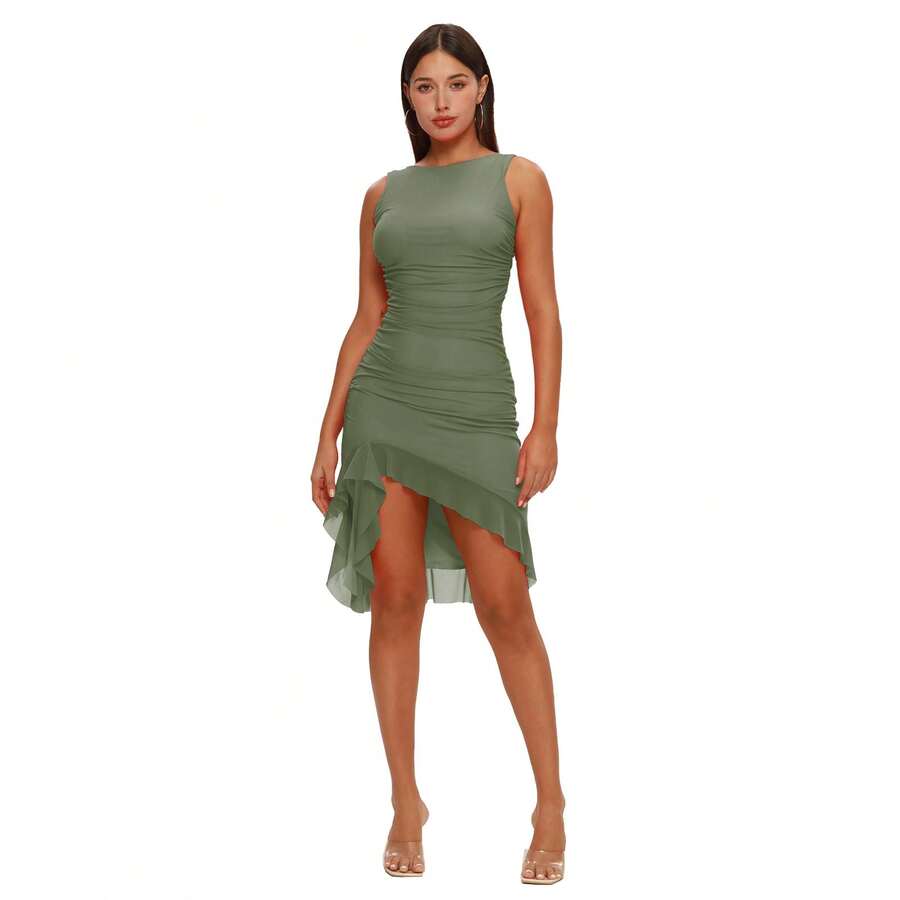 XLLAIS Christmas Sexy Backless Drape Folds Mesh Dress Christmas Tank Robe - Army Green - View 1