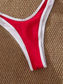 PEPPERMOLLY 新款红色撞色滚边领带性感比基尼套装，夏季沙滩时尚女士泳装度假装 - 紅色 - 查看 6