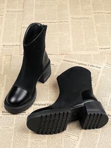 Elegant Vintage High Heel Short Boots For Women, 2025 Autumn/Winter New Fashion Leather & Suede Patchwork Back Zipper Ankle Boots, Versatile Commuting Stylish Boots,Elegant - Black - View 4