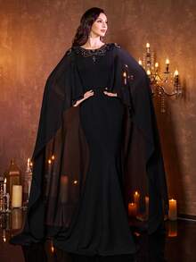 Vestido de noche de punto de yute ajustado, con mangas de pieza flotante, de cuello redondo y parche de lentejuelas para mujer de SUPGIR - Negro - Ver 6