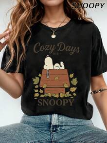 与共度的温馨时光 躺在家里 女士短袖针织简约基本款百搭圆领宽松休闲上衣T恤 - 黑色 - 查看 6