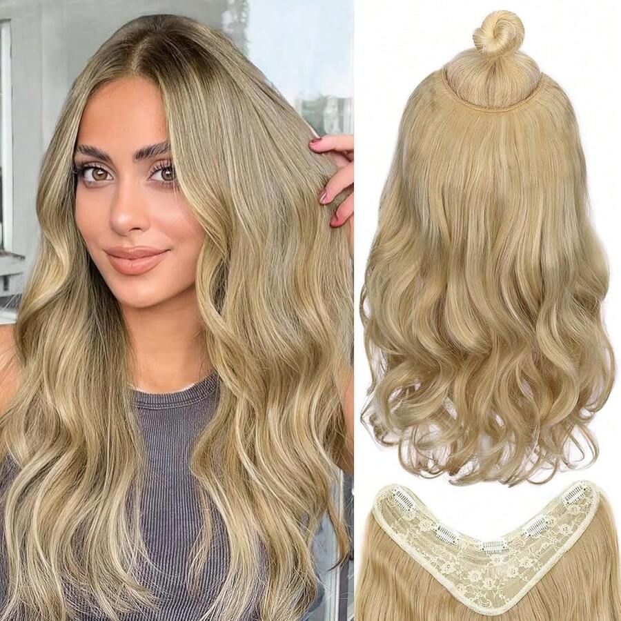20 Inches Clip In Extensions V Part Hair Extension Synthetic One Piece Extensions For Women Wavy Clip In Hair Extensions Dirty Blonde Highlight Hair Extensions For Daily Use,DirtyBlonde - DirtyBlonde - View 1