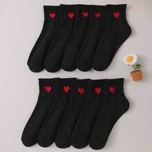 5 Pairs Of Black Heart-Shaped Socks, Soft And Comfortable, Suitable For Leisure And Sports, Heart-Shaped Printed Mid Tube Socks, Elegant Black And Red Heart-Shaped Pattern Design Socks, Suitable For Fashionable Casual And Formal Wear, Daily Comfortable Wear, Romantic Gift Socks, Minimalist Sock Design, Comfortable Ankle Socks - 黑色 - 查看 1