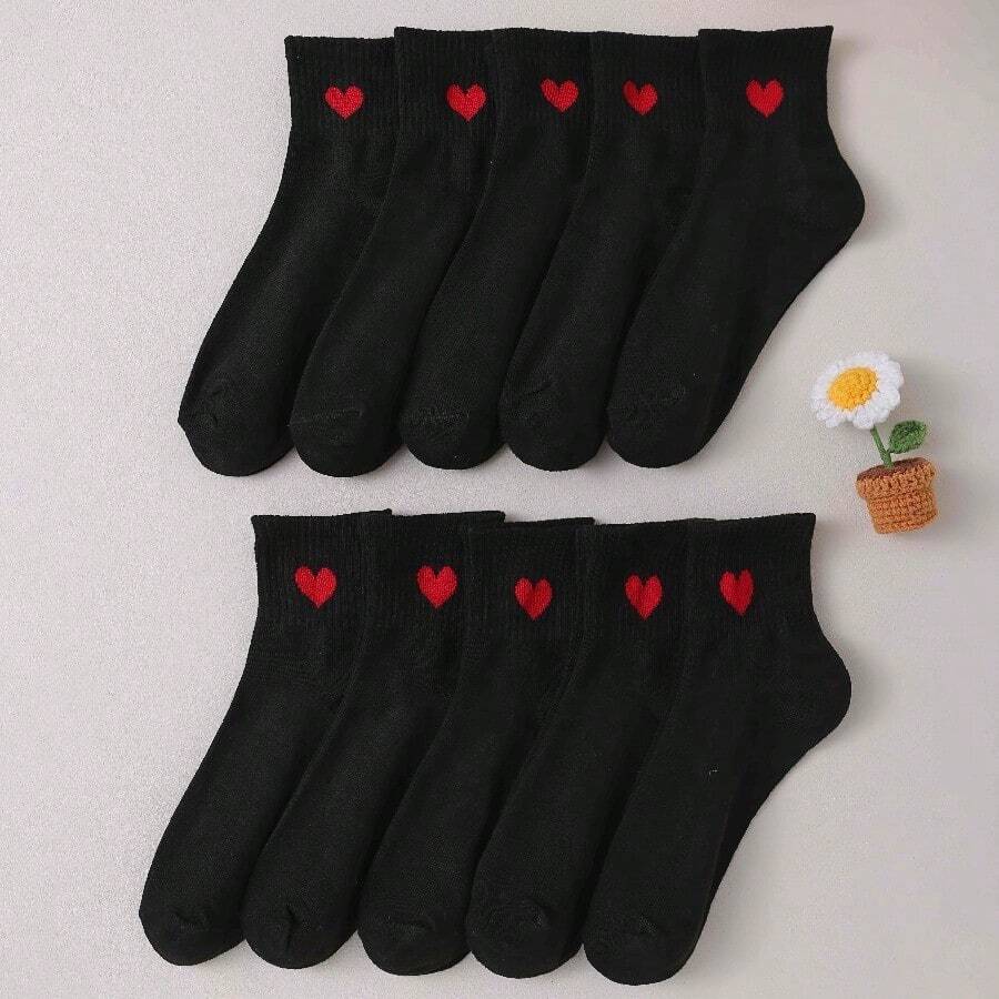 5 Pairs Of Black Heart-Shaped Socks, Soft And Comfortable, Suitable For Leisure And Sports, Heart-Shaped Printed Mid Tube Socks, Elegant Black And Red Heart-Shaped Pattern Design Socks, Suitable For Fashionable Casual And Formal Wear, Daily Comfortable Wear, Romantic Gift Socks, Minimalist Sock Design, Comfortable Ankle Socks - 黑色 - 查看 1