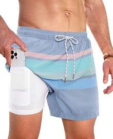 Swim Trunks Mens 5 Inch Inseam Compression Liner Short Men Bathing Suit Lined Swimming Shorts Men's Swim Suits - 灰線 - 查看 11
