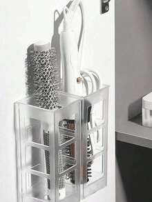 1个免钻孔壁挂式美发工具收纳架 - 可调节高度收纳架，适用于吹风机、卷发棒和直发器，浴室/橱柜门多功能收纳架，耐热设计