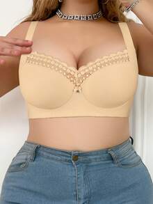 Sujetador con aros para mujer de talla grande MIMILEMON - Tirantes anchos, levantamiento y soporte lateral, detalles de encaje y lazo, cobertura completa cómoda, apto para uso diario - Beis - Ver 8