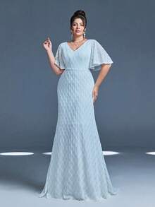 Mgiacy-流行、V领、亮片、蕾丝、喇叭袖、鱼尾、修身、拖尾、长裙 - 白色 - 查看 1